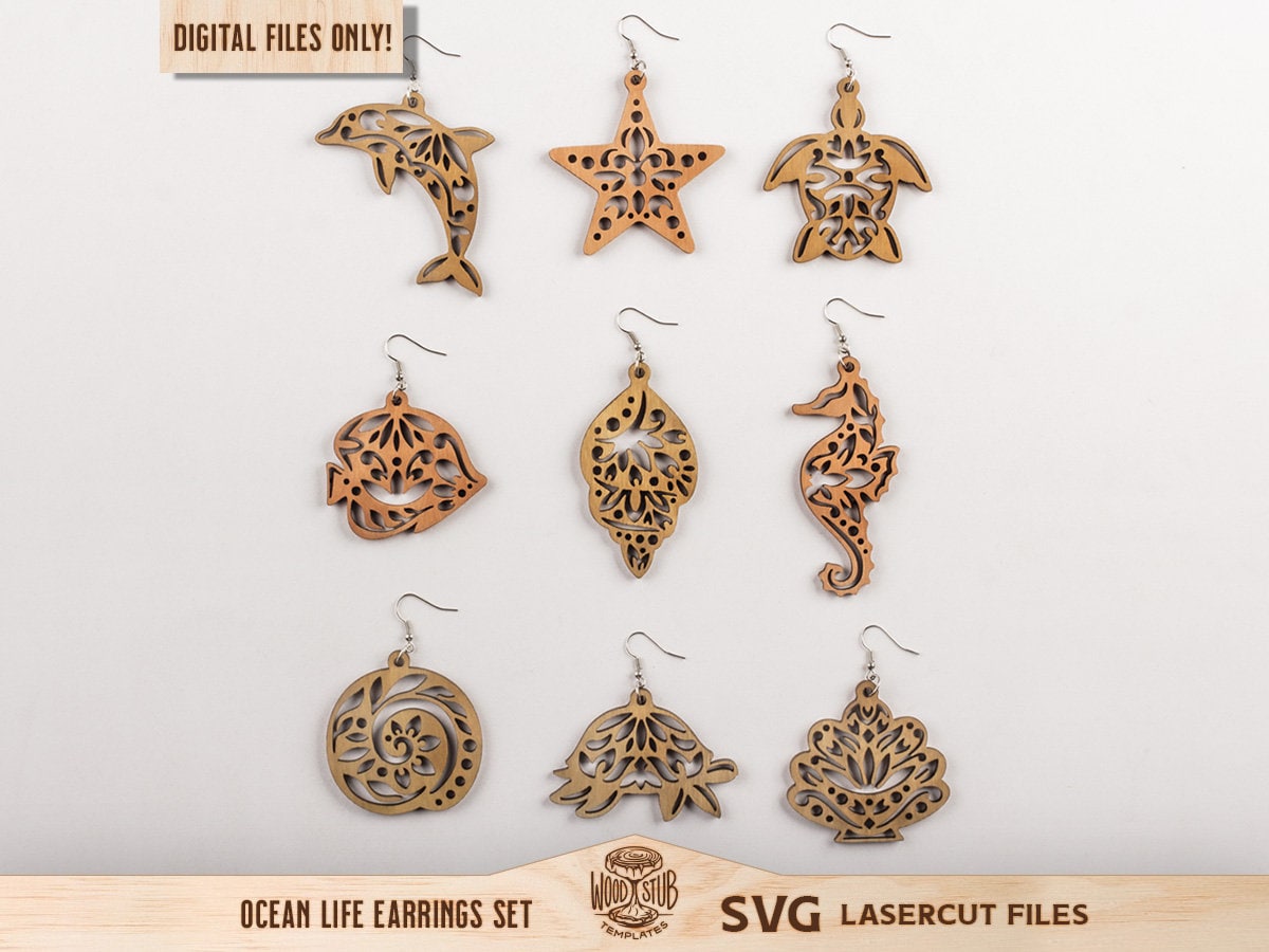 Ocean Life Earrings SVG, Underwater Earrings SVG, Turtle Earrings SVG, Earrings laser file, Earrings Glowforge svg, Glowforge svg