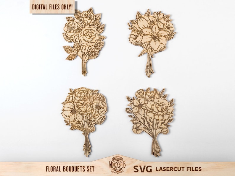 Puede incluir: Conjunto de cuatro archivos SVG de bouquets florales para cortar con l&aacute;ser. Los bouquets presentan diferentes arreglos de flores, incluyendo rosas, lirios y peon&iacute;as. Los archivos son perfectos para crear decoraci&oacute;n del hogar personalizada, regalos u objetos artesanales.