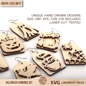 May include: A set of laser-cut wooden earrings featuring Halloween designs including a ghost, pumpkin, bat, tree, raven, cauldron, and spider web. Text includes DIGITAL FILES ONLY, UNIQUE HAND DRAWN DESIGNS, SVG, DXF, EPS, CDR V.15 INCLUDED, LASER CUT TESTED, HALLOWEEN EARRINGS SET, and SVG LASERCUT FILES.