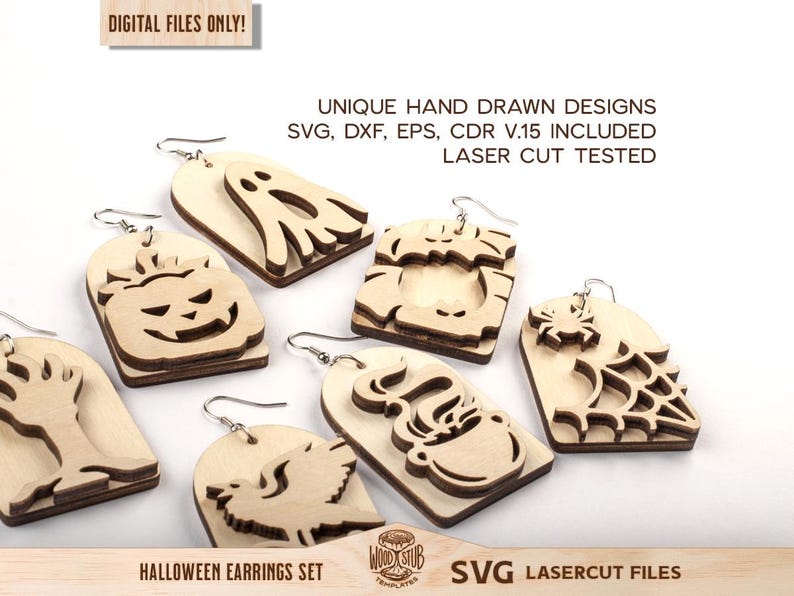 May include: A set of laser-cut wooden earrings featuring Halloween designs including a ghost, pumpkin, bat, tree, raven, cauldron, and spider web. Text includes DIGITAL FILES ONLY, UNIQUE HAND DRAWN DESIGNS, SVG, DXF, EPS, CDR V.15 INCLUDED, LASER CUT TESTED, HALLOWEEN EARRINGS SET, and SVG LASERCUT FILES.