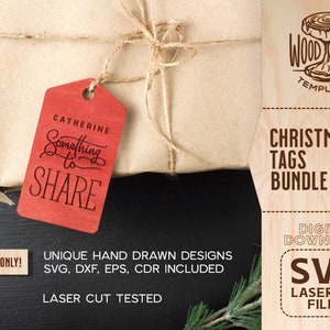 May include: A red wooden Christmas gift tag with the text "CATHERINE Something to SHARE" on a brown paper wrapped gift box. The tag is part of a digital download bundle of Christmas tags.