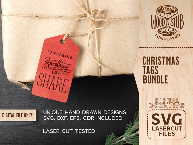 May include: A red wooden Christmas gift tag with the text "CATHERINE Something to SHARE" on a brown paper wrapped gift box. The tag is part of a digital download bundle of Christmas tags.