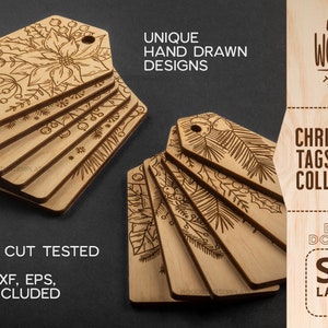 May include: A set of eight laser-cut wooden Christmas gift tags with various designs featuring poinsettias and pine branches. The tags are laser cut tested and come in SVG, DXF, EPS, and CDR formats.  The text "Wood Stub Templates" and "Christmas Tags Collection" is visible in the image.