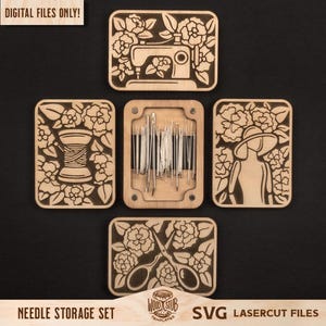 May include: A wooden needle storage set with laser-cut floral and sewing-themed designs. The set includes a sewing machine, thread spool, scissors, and a woman in a hat, all surrounded by flowers. The text "DIGITAL FILES ONLY!" is visible.