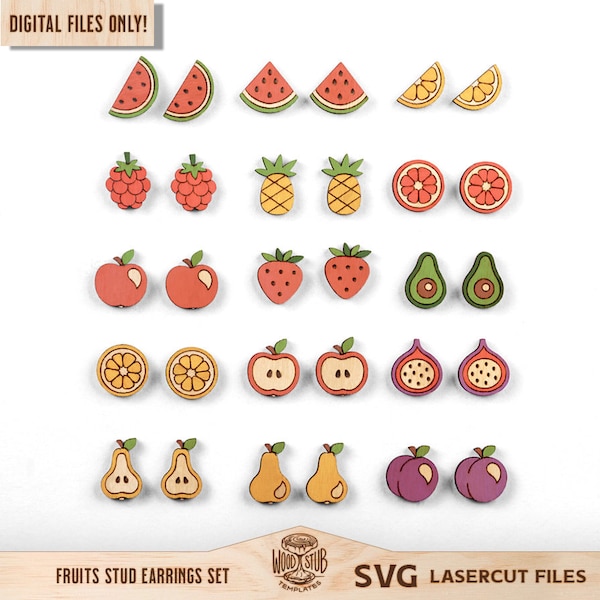 Fruit Earrings SVG, Stud Earrings SVG, Earrings laser file, Fruits Earrings, Earrings Glowforge svg, Glowforge svg, Laser cut file