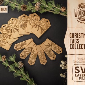 May include: A collection of eight laser cut wooden Christmas tags with various floral designs. The tags are arranged in a circle on a dark background. The text "DIGITAL FILES ONLY!" is in the top left corner of the image. The text "WOOD STUB TEMPLATES" is in the top right corner of the image. The text "CHRISTMAS TAGS COLLECTION" is in the bottom right corner of the image. The text "DIGITAL DOWNLOAD SVG LASERCUT FILES" is in the bottom right corner of the image.