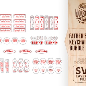 May include: A digital download bundle of SVG laser cut files for Father's Day keychains. The designs include a wrench, saw, ruler, and various text designs with the words "Dad", "Daddy", "Grandpa", and "Best Dad Ever".