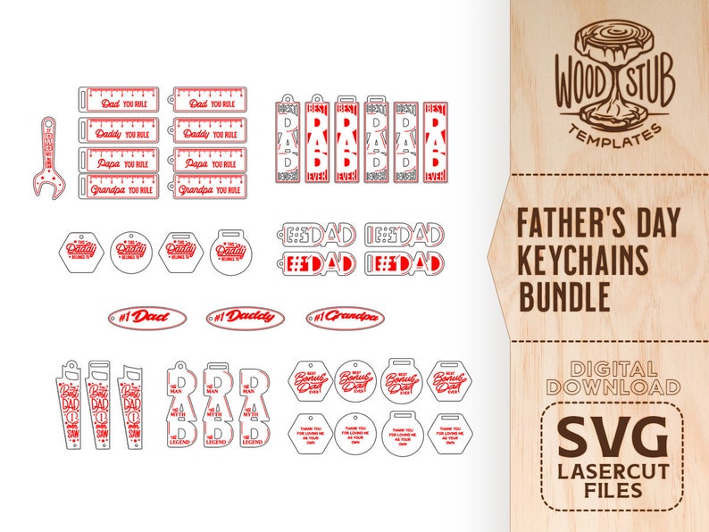 May include: A digital download bundle of SVG laser cut files for Father's Day keychains. The designs include a wrench, saw, ruler, and various text designs with the words "Dad", "Daddy", "Grandpa", and "Best Dad Ever".