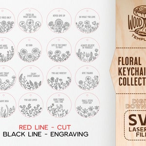 Pu&ograve; includere: Un set di 12 design di portachiavi floreali con diverse citazioni ispiratrici. I design sono delineati in nero e pronti per essere tagliati con un cutter laser. Le linee rosse indicano le linee di taglio. I design sono perfetti per creare regali personalizzati o per vendere nel tuo negozio.