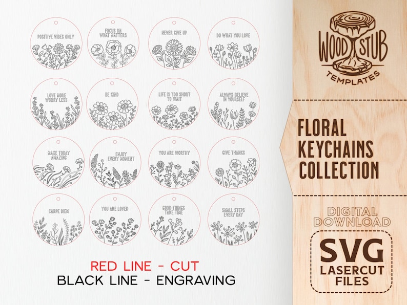 Pu&ograve; includere: Un set di 12 design di portachiavi floreali con diverse citazioni ispiratrici. I design sono delineati in nero e pronti per essere tagliati con un cutter laser. Le linee rosse indicano le linee di taglio. I design sono perfetti per creare regali personalizzati o per vendere nel tuo negozio.
