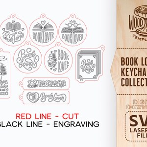 May include: A digital download of SVG laser cut files for book lover keychains. The design includes various book-themed illustrations, such as books, coffee cups, and hearts. The text "RED LINE - CUT" and "BLACK LINE - ENGRAVING" is included in the image.