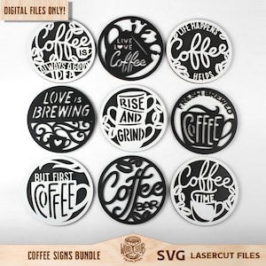 Paquete de signos de café SVG, signo SVG de café, signo de café SVG, cita de café svg, signo redondo de café, arte de la pared del café, café svg, Glowforge svg