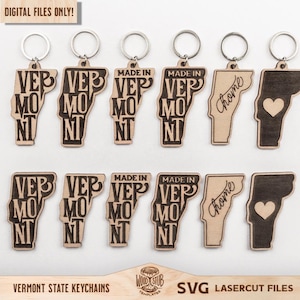 May include: A set of 10 laser cut SVG files for creating Vermont state keychains. The designs include the state outline with the text "Made in Vermont" and "Home".