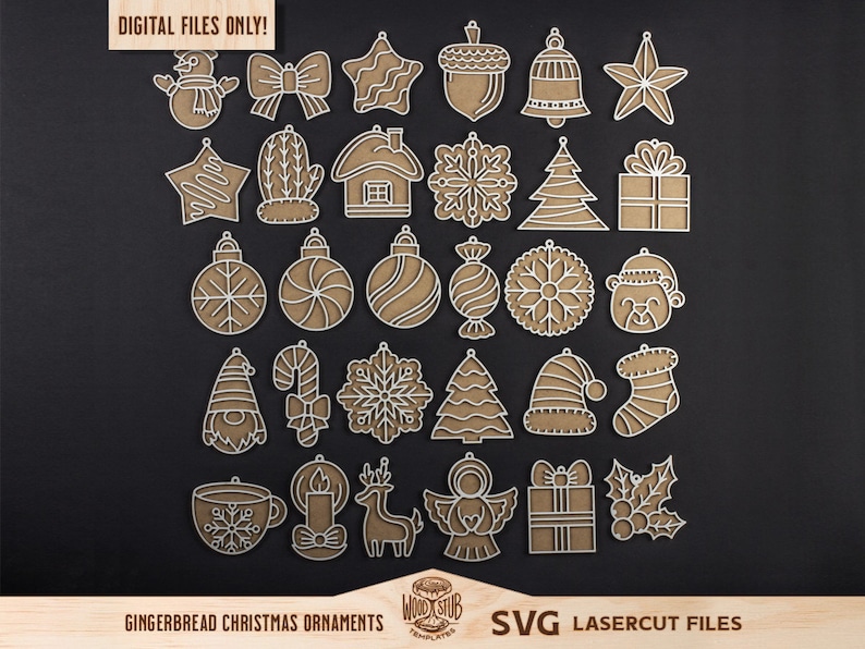 May include: A set of 25 gingerbread Christmas ornament SVG cut files. The designs include a snowman, a star, a bell, a candy cane, a snowflake, a Christmas tree, a stocking, a gingerbread man, a reindeer, and more.