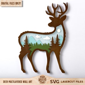 May include: A brown wooden deer silhouette with a layered design of a forest scene inside. The scene includes green trees, blue mountains, and white clouds. The deer is standing on a white background. "SVG Lasercut Files" is written in the bottom right corner of the image.
