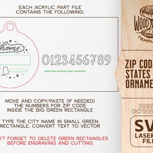 Op de afbeelding: Een digitaal downloadbaar SVG-bestand voor een lasergesneden ornament. Het ornament heeft de vorm van een kerstbal met het woord "home" erin. Het ornament bevat ook een ruimte voor een postcode en een stadsnaam. Het bestand is alleen voor persoonlijk gebruik.