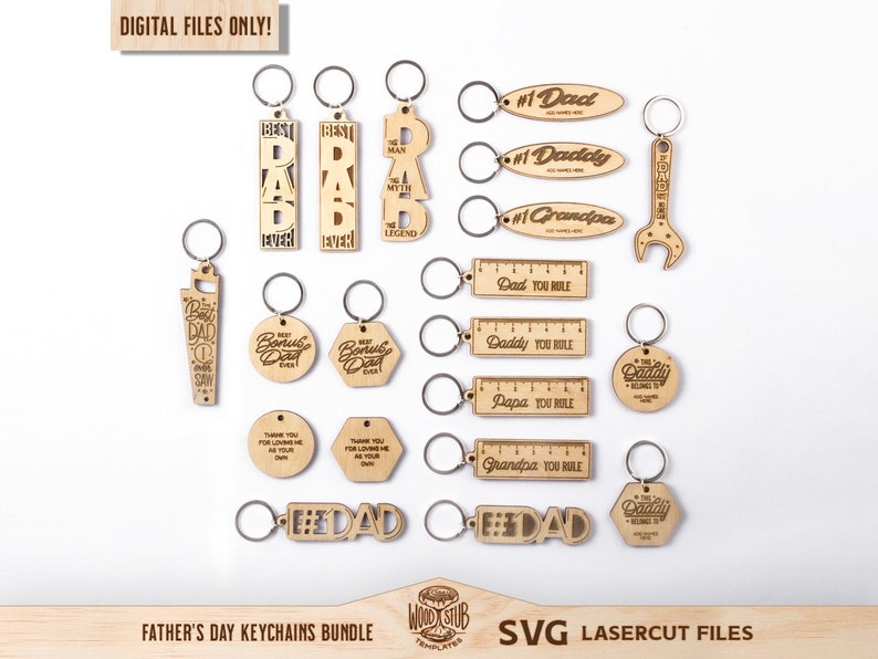 May include: A set of 18 laser cut wooden keychains featuring various designs for Father's Day. The keychains include sayings like "Best Dad Ever", "#1 Dad", and "Dad You Rule".
