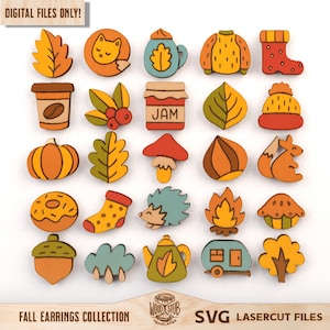 May include: A collection of 24 fall-themed SVG lasercut files for earrings. The designs include a coffee cup, a pumpkin, a donut, a squirrel, a mushroom, a teapot, a camper, a tree, a cat, a leaf, a jam jar, a hat, a boot, a sock, a hedgehog, a campfire, a mushroom, an acorn, a cloud, and more.