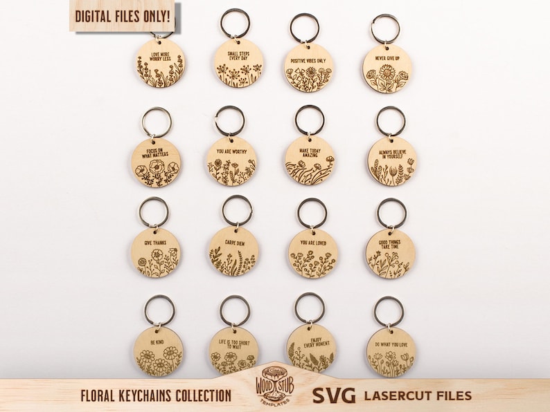 Pu&ograve; includere: Un set di 16 file digitali per il taglio laser di portachiavi floreali. Ogni portachiavi presenta una citazione ispiratrice diversa e un design floreale. I portachiavi sono perfetti per aggiungere un tocco di personalizzazione alle tue chiavi o borse.