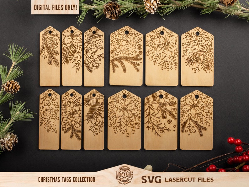 May include: Set of ten laser cut wood Christmas gift tags with various winter floral designs. The tags are blank and ready to be personalized. "DIGITAL FILES ONLY!" and "CHRISTMAS TAGS COLLECTION" are printed at the bottom of the image.