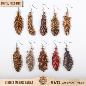 May include: A set of 8 SVG lasercut files for feather earrings. The earrings are made of wood and have a variety of intricate designs. The files are available for download and can be used to create your own earrings.