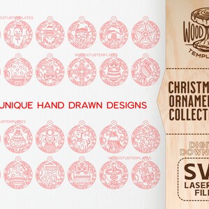 K&ouml;nnte beinhalten: Ein Set mit 24 einzigartigen handgezeichneten Weihnachtsbaumschmuck-Designs. Die Designs sind in roter Umrandung auf wei&szlig;em Hintergrund. Die Designs beinhalten einen Schneemann, einen Weihnachtsbaum, einen Stern, eine Glocke, einen Strumpf, einen Zuckerstock, einen Lebkuchenmann, ein Rentier, eine Schneeflocke und einen Weihnachtsmann. Der Text "24 UNIQUE HAND DRAWN DESIGNS" befindet sich am unteren Rand des Bildes. Der Text "WOOD STUB TEMPLATES" befindet sich am oberen Rand des Bildes. Der Text "CHRISTMAS ORNAMENTS COLLECTION" befindet sich auf der rechten Seite des Bildes. Der Text "DIGITAL DOWNLOAD SVG LASERCUT FILES" befindet sich unten rechts im Bild.