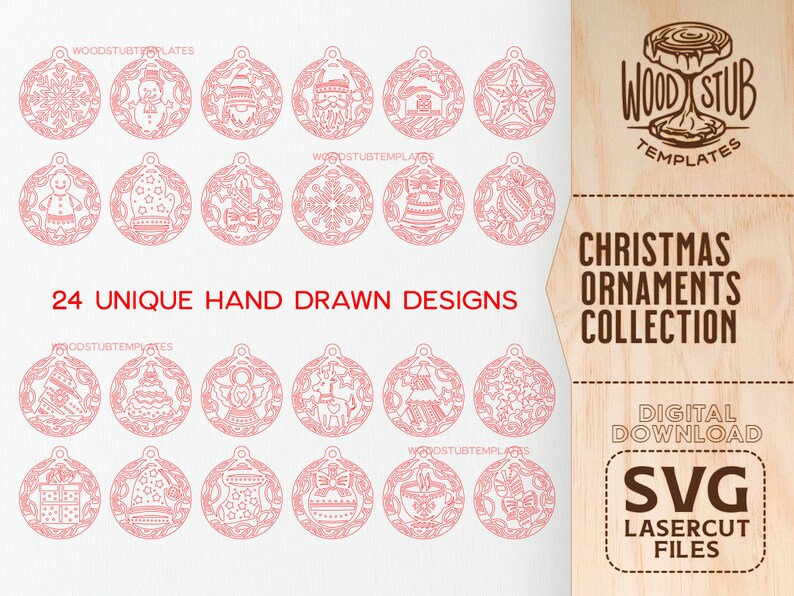 K&ouml;nnte beinhalten: Ein Set mit 24 einzigartigen handgezeichneten Weihnachtsbaumschmuck-Designs. Die Designs sind in roter Umrandung auf wei&szlig;em Hintergrund. Die Designs beinhalten einen Schneemann, einen Weihnachtsbaum, einen Stern, eine Glocke, einen Strumpf, einen Zuckerstock, einen Lebkuchenmann, ein Rentier, eine Schneeflocke und einen Weihnachtsmann. Der Text "24 UNIQUE HAND DRAWN DESIGNS" befindet sich am unteren Rand des Bildes. Der Text "WOOD STUB TEMPLATES" befindet sich am oberen Rand des Bildes. Der Text "CHRISTMAS ORNAMENTS COLLECTION" befindet sich auf der rechten Seite des Bildes. Der Text "DIGITAL DOWNLOAD SVG LASERCUT FILES" befindet sich unten rechts im Bild.