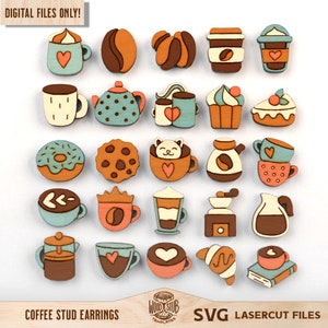 Pendientes de café svg, Café svg, Archivo láser de café, Pendientes de perno de café, Pendientes de perno svg, Plantilla de joyería, Archivo cortado por láser