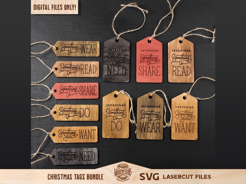 May include: A set of 12 wooden Christmas gift tags with laser-cut designs. The tags feature the text "Something to..." followed by words like "wear", "read", "share", "do", "want", and "need". The tags are in various shades of brown, black, and red.