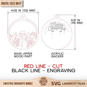 Puede incluir: Un archivo de corte l&aacute;ser digital para un adorno navide&ntilde;o circular de 102 mm de ancho por 115 mm de alto. Incluye una pieza de madera superior con un dise&ntilde;o de mu&ntilde;eco de nieve y un soporte acr&iacute;lico con el texto Merry Christmas 2025.