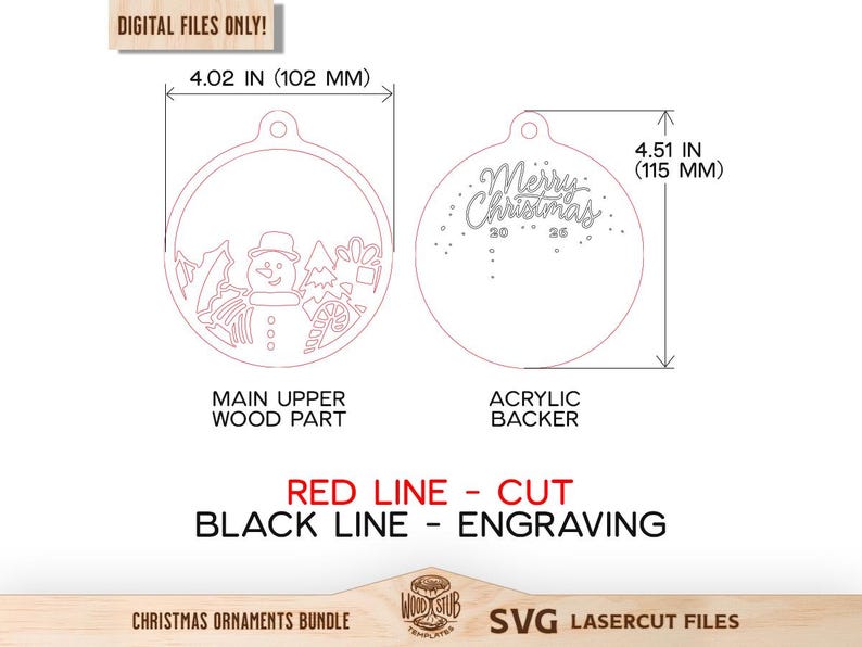 Puede incluir: Un archivo de corte l&aacute;ser digital para un adorno navide&ntilde;o circular de 102 mm de ancho por 115 mm de alto. Incluye una pieza de madera superior con un dise&ntilde;o de mu&ntilde;eco de nieve y un soporte acr&iacute;lico con el texto Merry Christmas 2025.