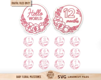 Bebé Hito SVG, Hito mensual SVG, Marcador de hito SVG, Marco de hito del bebé, Marco floral svg, Anuncio de nacimiento, Glowforge svg