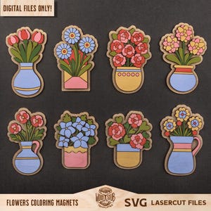 Fleurs aimantées svg, lot de svg floral, kit de coloriage svg, svg de la fête des mères, cadeau fête des mères, décoration d'intérieur svg, svg Glowforge, fichier découpé au laser