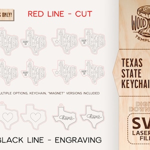 May include: Digital download SVG files for laser cutting Texas state keychain designs. The design includes multiple options, including keychain and magnet versions. The design features a Texas outline with the word "Texas" written inside. The design also includes a heart and the word "home" written inside the Texas outline.