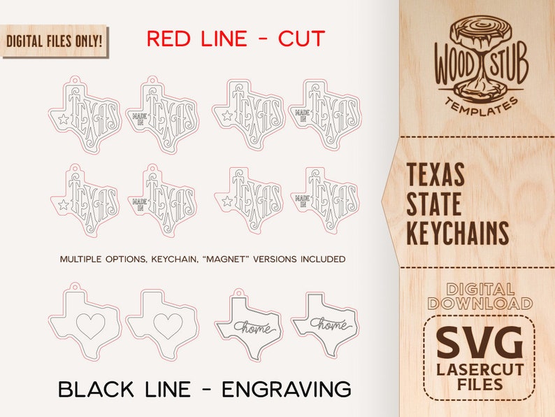 May include: Digital download SVG files for laser cutting Texas state keychain designs. The design includes multiple options, including keychain and magnet versions. The design features a Texas outline with the word "Texas" written inside. The design also includes a heart and the word "home" written inside the Texas outline.