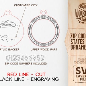 Op de afbeelding: Een digitale download van SVG-bestanden voor het lasersnijden van ornamenten. Het ontwerp bevat een cirkel met de tekst "There's no place like home for the holidays" en een kleinere cirkel met de tekst "home". Het ontwerp bevat ook een staatsschets en de cijfers 0-9. De rode lijnen geven de snijlijnen aan en de zwarte lijnen geven de graveerlijnen aan.