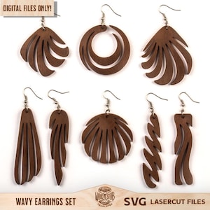 May include: A set of eight brown wooden earrings in various wavy designs. The earrings are laser cut and include a circular, fan-like, and elongated shapes. The text "DIGITAL FILES ONLY!" is visible at the top. The words "WAVY EARRINGS SET" and "SVG LASERCUT FILES" are also present.