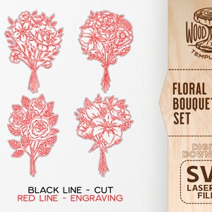 Puede incluir: Cuatro dibujos de l&iacute;nea roja de ramos de flores, con contornos negros. El texto "BLACK LINE - CUT" y "RED LINE - ENGRAVING" est&aacute; debajo de las im&aacute;genes. El texto "WOODSTUB TEMPLATES" est&aacute; en la esquina superior derecha. El texto "FLORAL BOUQUETS SET" est&aacute; en el centro derecho. El texto "DIGITAL DOWNLOAD SVG LASERCUT FILES" est&aacute; en la esquina inferior derecha.