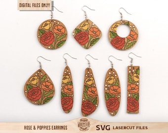 Rose Earrings svg, Floral Earrings SVG, Flower Earrings SVG, Earrings laser file, Earrings Poppy Earrings svg, Glowforge svg, Laser cut file