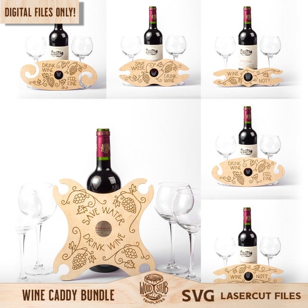 Wine Caddy SVG Bundle, Wine holder SVG, Wine Glass Holder, Glowforge svg, Laser cut file, Commerial Use