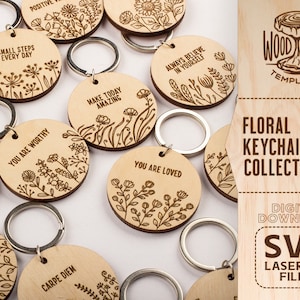 Pu&ograve; includere: Una collezione di 10 portachiavi in legno tagliati al laser con motivi floreali e citazioni ispiratrici. I portachiavi sono rotondi e hanno un anello in metallo argentato. Le citazioni includono "Small Steps Every Day", "You Are Worthy", "Make Today Amazing", "You Are Loved", "Always Believe In Yourself", "Carpe Diem" e "Positive Vibes".