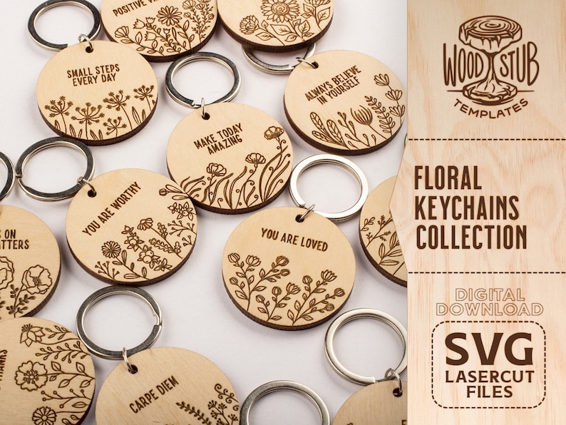 Pu&ograve; includere: Una collezione di 10 portachiavi in legno tagliati al laser con motivi floreali e citazioni ispiratrici. I portachiavi sono rotondi e hanno un anello in metallo argentato. Le citazioni includono "Small Steps Every Day", "You Are Worthy", "Make Today Amazing", "You Are Loved", "Always Believe In Yourself", "Carpe Diem" e "Positive Vibes".