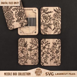 Peut inclure: Collection de boîtes à aiguilles en bois avec des motifs floraux. La boîte ouverte révèle des aiguilles, tandis que les autres boîtes présentent des fleurs gravées. Le texte "DIGITAL FILES ONLY!" est visible en haut à gauche. Le bas de l'image indique "NEEDLE BOX COLLECTION" et "SVG LASERCUT FILES".