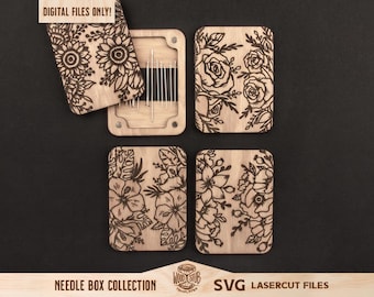 Peut inclure: Collection de boîtes à aiguilles en bois avec des motifs floraux. La boîte ouverte révèle des aiguilles, tandis que les autres boîtes présentent des fleurs gravées. Le texte "DIGITAL FILES ONLY!" est visible en haut à gauche. Le bas de l'image indique "NEEDLE BOX COLLECTION" et "SVG LASERCUT FILES".