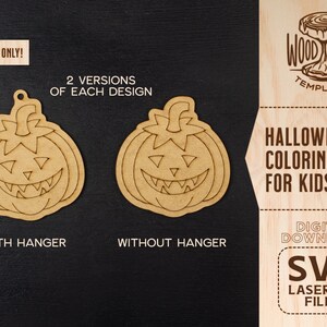 Puede incluir: Dos versiones de un kit de colorear de calabaza de Halloween para ni&ntilde;os. La calabaza est&aacute; delineada y lista para ser coloreada. El kit incluye una versi&oacute;n con un colgador y una versi&oacute;n sin colgador. Descarga digital de archivos SVG de corte por l&aacute;ser.