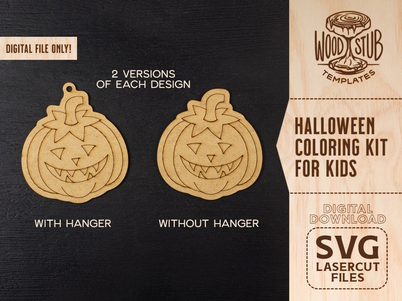 Puede incluir: Dos versiones de un kit de colorear de calabaza de Halloween para ni&ntilde;os. La calabaza est&aacute; delineada y lista para ser coloreada. El kit incluye una versi&oacute;n con un colgador y una versi&oacute;n sin colgador. Descarga digital de archivos SVG de corte por l&aacute;ser.