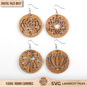花のイヤリング SVG、バラのイヤリング SVG、蓮のイヤリング SVG、ひまわりのイヤリング、花のイヤリング SVG、イヤリング Glowforge SVG、レーザーカット ファイル