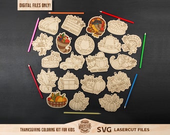 May include: A set of 18 wooden Thanksgiving-themed ornaments for kids to color. The ornaments feature various Thanksgiving symbols, including turkeys, pumpkins, cornucopias, and pilgrim hats. The ornaments are laser cut and ready to be painted.
