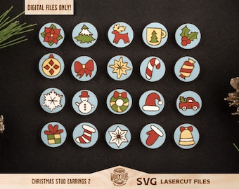 May include: A set of 18 Christmas-themed SVG lasercut files for earrings. The designs include a Christmas tree, a snowman, a candy cane, a bell, a stocking, a wreath, a gift box, a star, a reindeer, a poinsettia, a holly sprig, a snowflake, a gingerbread house, a Santa hat, a truck, and a bow. The files are perfect for creating unique and festive earrings.