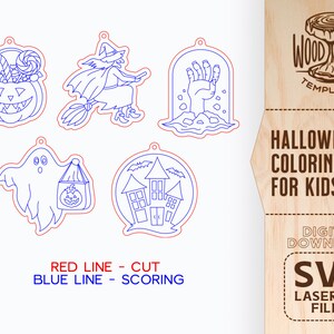 Puede incluir: Un conjunto de cinco archivos SVG de tem&aacute;tica de Halloween para corte por l&aacute;ser. Los dise&ntilde;os incluyen un fantasma, una bruja, una calabaza, una casa encantada y una mano de zombi. Los archivos est&aacute;n delineados en rojo para cortar y en azul para marcar.